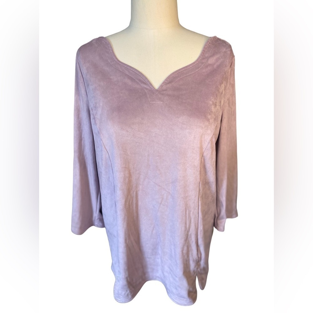 SOFT Surroundings Lavender FauxSuede Scalloped Neckline 3/4 Sleeve Blouse